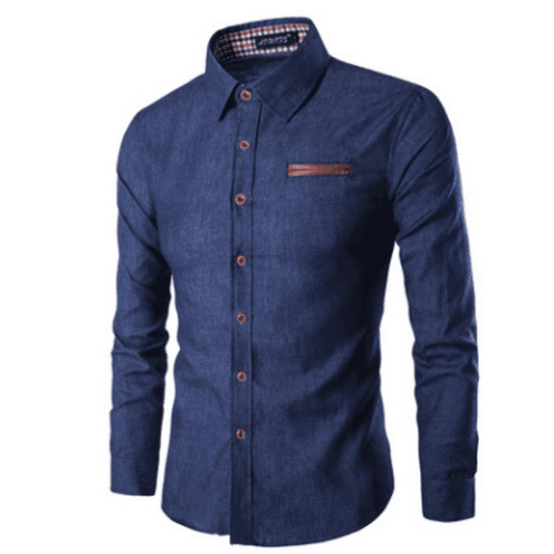 Mens Casual Shirts Long Sleeve 100/% Cotton Denim Formal Shirt Contrast Pocket UK